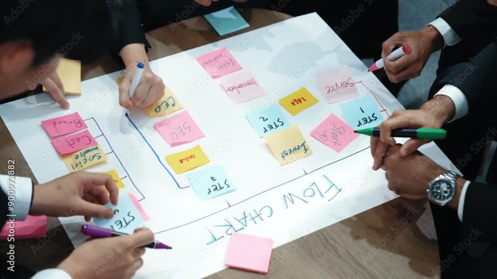 Poster top view of business people hands making scrum task board to manage workflow in workplace. diverse m