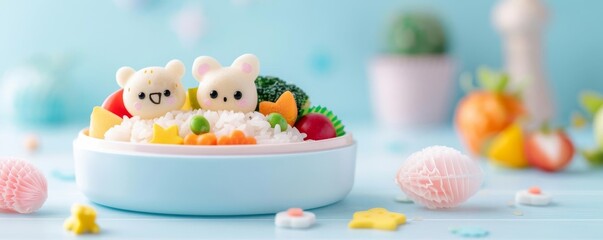 Cute bento box with animal-shaped food, rice, vegetables, and fruits, vibrant and artistic, kids meal, playful and nutritious