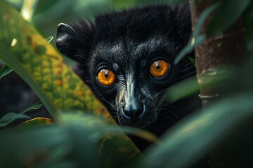 A black lemur with bright orange eyes peering out from behind foliage.