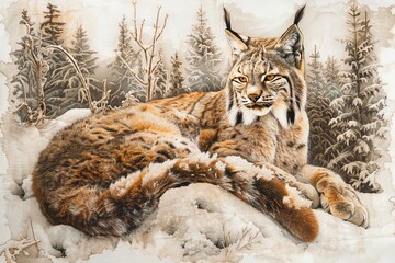 Obraz premium A majestic lynx resting in a snowy forest.