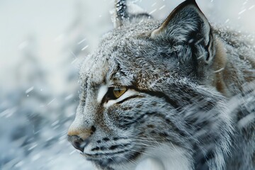 Close-up portrait of a lynx in a snowy winter forest.