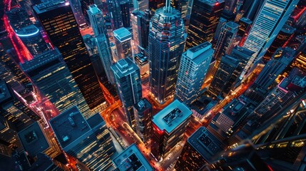 Aerial view of a big city with beautifully illuminated skyscrapers at night
