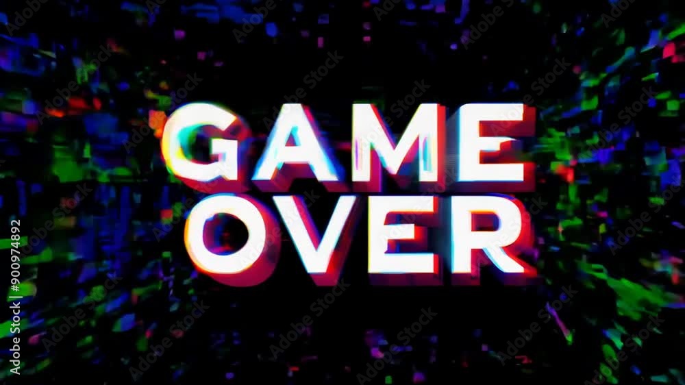 Poster colorful glitch art displaying game over message in digital context generative ai