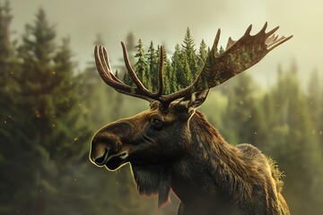 A majestic moose with trees growing from its antlers, a symbol of nature's beauty.