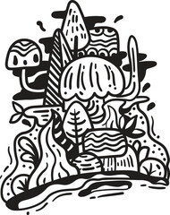 Foliage Doodle Pattern. Fantasy Island Illustration