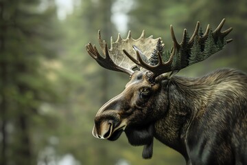 A large male moose with massive antlers stands in a lush forest.