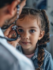 A young girl sits in a waiting room, having her eyes checked by a medical professional