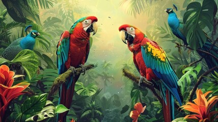 Obraz premium Heavenly oasis with colorful parrots and vibrant peacocks in lush greenery