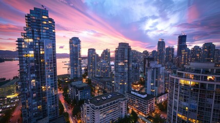Obraz premium High-rise, beautifully lit buildings adding color to a city skyline at dusk