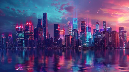 Obraz premium High-rise, beautifully lit buildings adding color to a city skyline at dusk