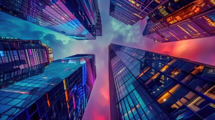 High-rise buildings with futuristic designs and colorful lights at night