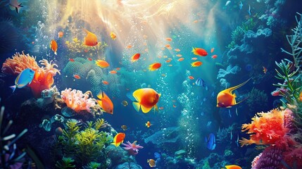 Majestic, fairy-tale fish swimming amidst a radiant underwater paradise