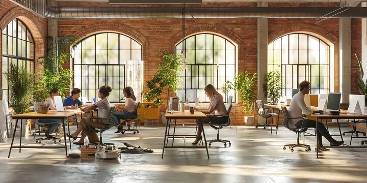 interior of the restaurant, Collaborative Workspace An open office layout with employees working together at communal tables, fostering a collaborative work environment.