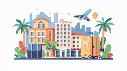 Obraz premium A cartoonish illustration of a city with a hotel, an airplane, and a suitcase
