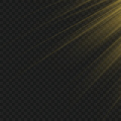 Obraz premium Radiant golden light rays shining on the transparent background. Vector