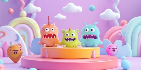 Obraz premium Cute Monster Podium A podium with cute and friendly monster characters, ideal for a fun and playful product showcase. 