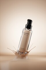 A mockup cosmetic bottle is placed on a flesh-colored liquid with a splash of liquid. 3D illustration