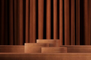 Three leather podium for product presentation on abstract leather background. 3D illustration