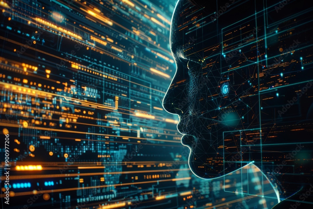 Poster digital rendering of a head with neon lines symbolizing cognitive processes and technology in a futu