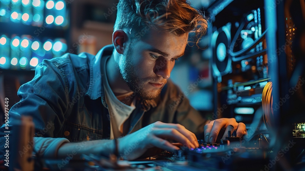 Poster focused on the code: a young, determined programmer meticulously works on a complex circuit board, s