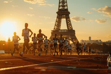 Marathon Runners at Eiffel Tower Sunset