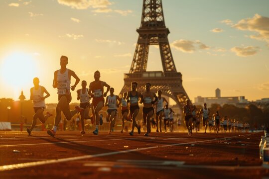 Marathon Runners at Eiffel Tower Sunset