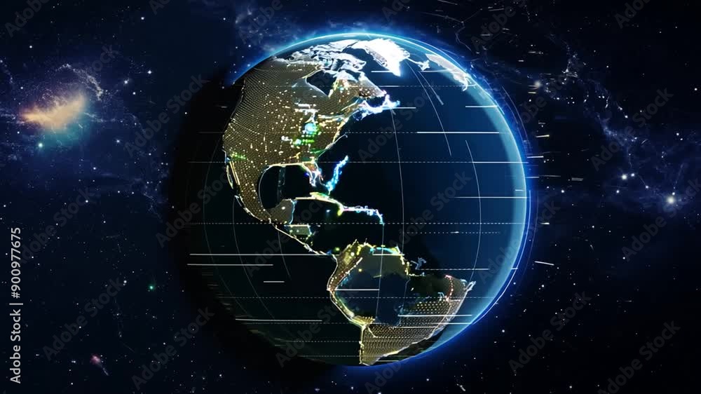 Poster globe rotating in space with network lines and illuminated world map generative ai