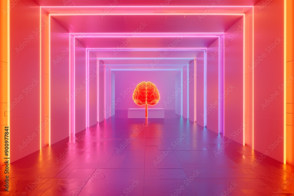 Poster abstract digital rendering of a glowing brain in a neon corridor symbolizing cognitive processes and