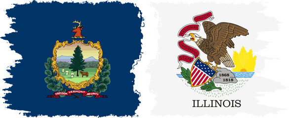 Illinois and Vermont states grunge brush flags connection, vector