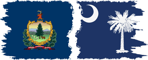 South Carolina and Vermont states grunge brush flags connection, vector