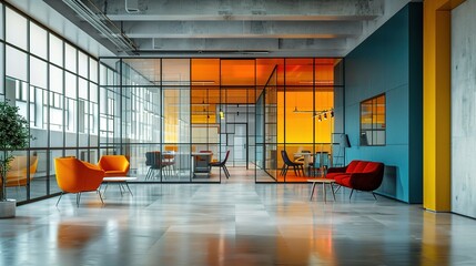 Modern Industrial Office Space: A vibrant and inviting office interior, featuring a unique blend of industrial and modern design elements