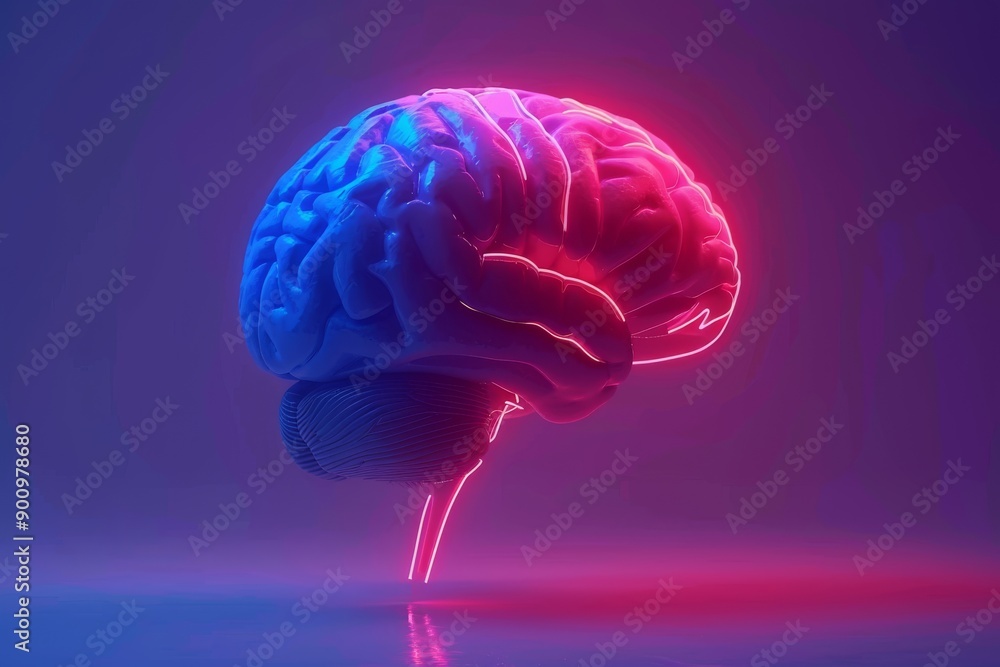 Poster neon digital rendering of a brain symbolizing cognitive processes and technology in a vibrant and fu