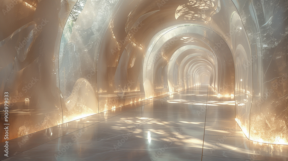 Poster illuminated futuristic corridor with arched design..