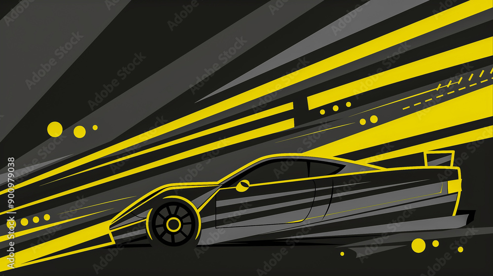 Poster sleek racing car with dynamic yellow and black lines..