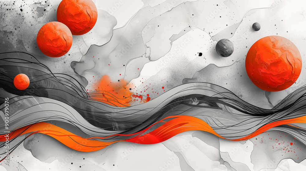 Poster abstract planetary waves with orange spheres..
