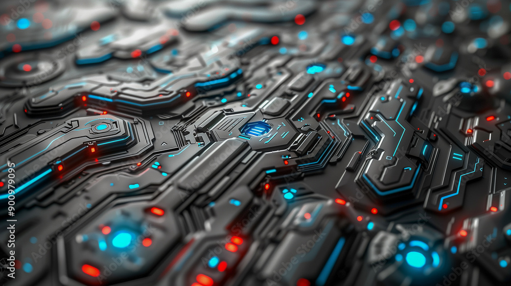Poster futuristic circuit board with blue and red lights..