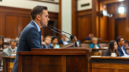 image of a man speaking from a podium in a courtroom