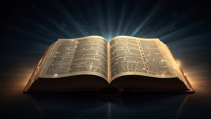 Fototapeta premium A powerful digital illustration of the Holy Bible with a glowing light emanating from it, representing divine wisdom and guidance, with space for text.