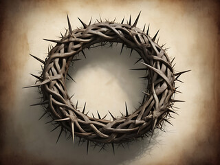 Fototapeta premium A detailed digital illustration of the Crown of Thorns, symbolizing Jesus' sacrifice and suffering, with realistic textures and space for text.