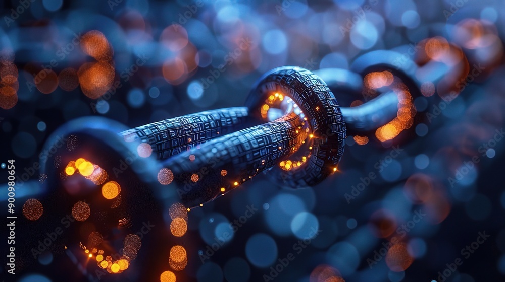Poster digital chain of interconnection: a close-up macro shot of a digital chain, rendered in a futuristic