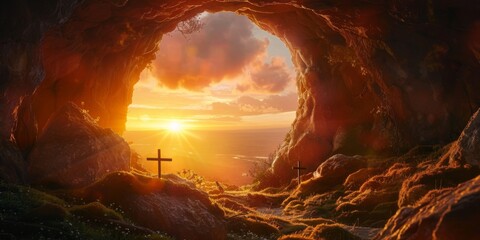 An empty tomb with a crucifixion scene silhouetted against the sunrise, symbolizing the resurrection. The early morning light casts a golden glow over the scene