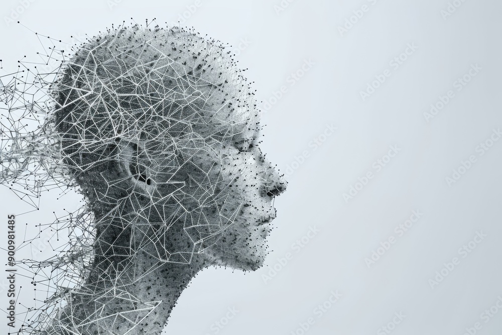 Poster monochrome digital rendering of a head dissolving into particles symbolizing thought dispersion and 