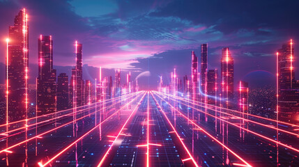 A futuristic cityscape with vibrant neon lights, showcasing a stunning digital landscape under a mesmerizing sky.