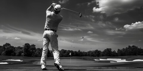 Professional male playing golf with hitting pose, perfect photo position, with black and white photo theme