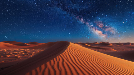 A stunning desert landscape at night showcasing the Milky Way amidst golden sand dunes under a starry sky.