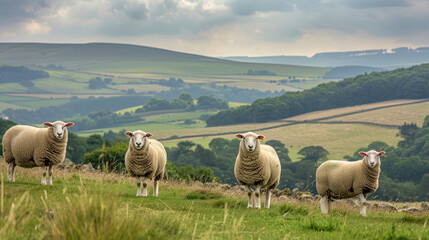 Fototapeta premium Four sheep grazing peacefully in a lush green field, set against a backdrop of rolling hills and a cloudy sky.