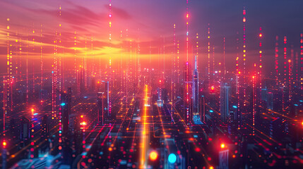 Fototapeta premium Vibrant city skyline illuminated by colorful lights against a dramatic sunset, showcasing urban beauty and technological advancement.