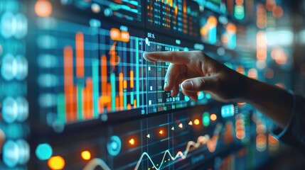 Fototapeta premium Data Driven Decisions: A hand extends towards a large interactive screen filled with data, charts, and graphs, emphasizing the importance of analytics and insights in modern business. 