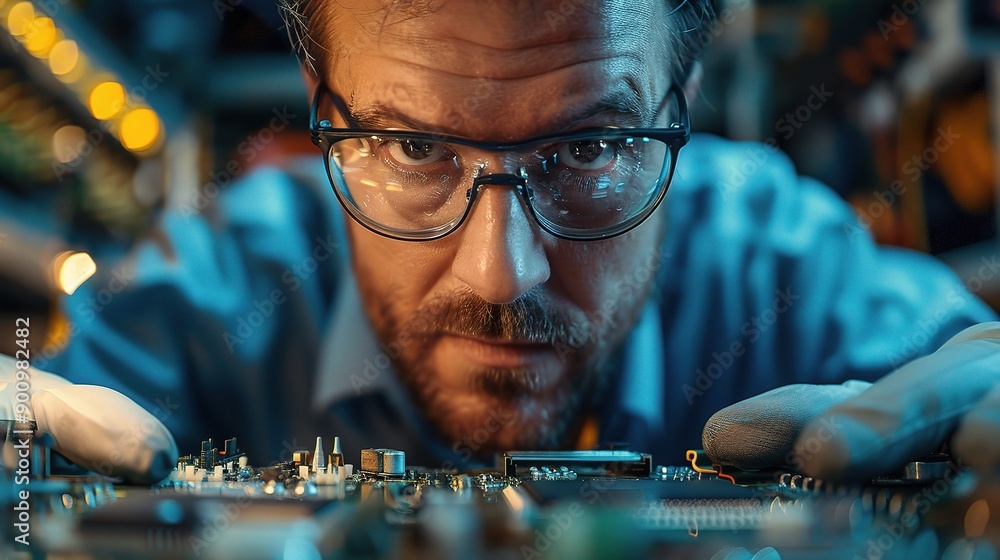 Poster precision in the making: an engineer meticulously examines a circuit board in a tech lab, his intens