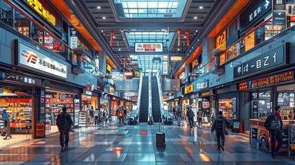 Vibrant Shopping Center with a Range of Stores and an Escalator to the Second Floor